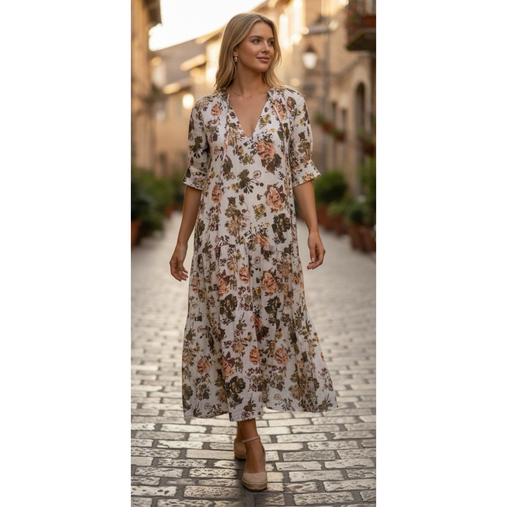 *Flawed Ulla Johnson Selena Cover Up Maxi Dress Small S Floral Tie Neck NO BELT